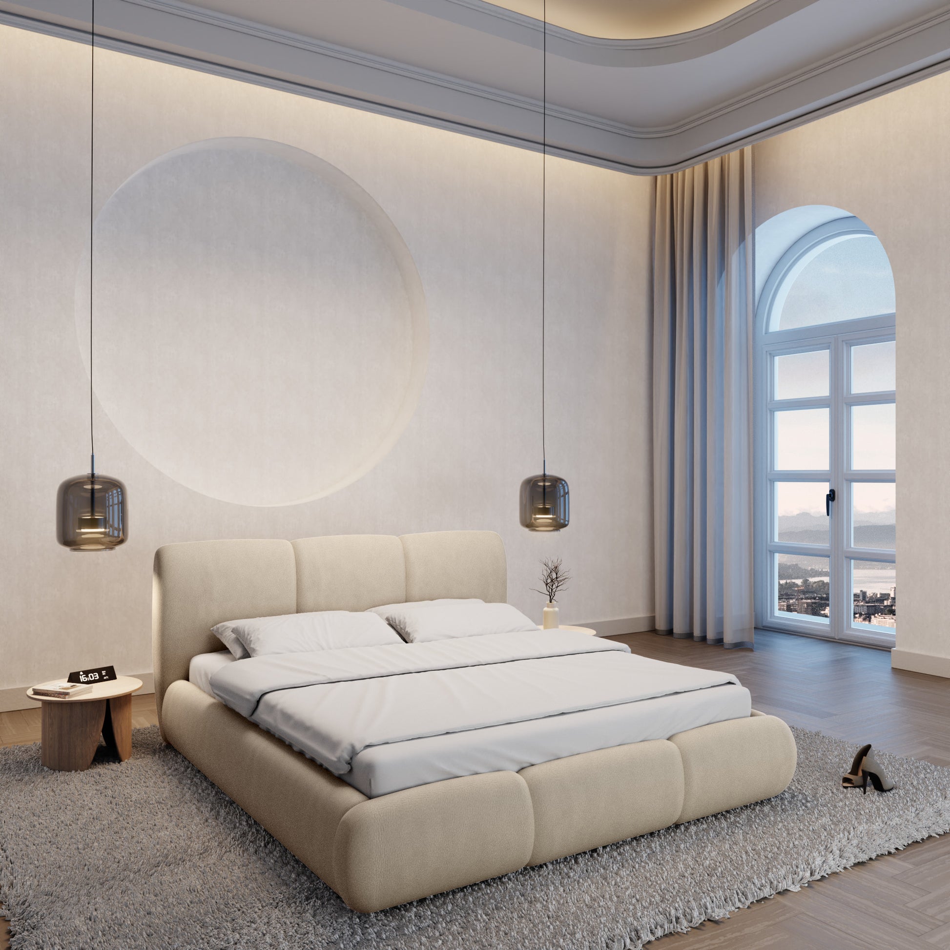
Design Polsterbett „Elvara“ mit Ablagefach, Kunstleder Beige - 140 x 200 cm