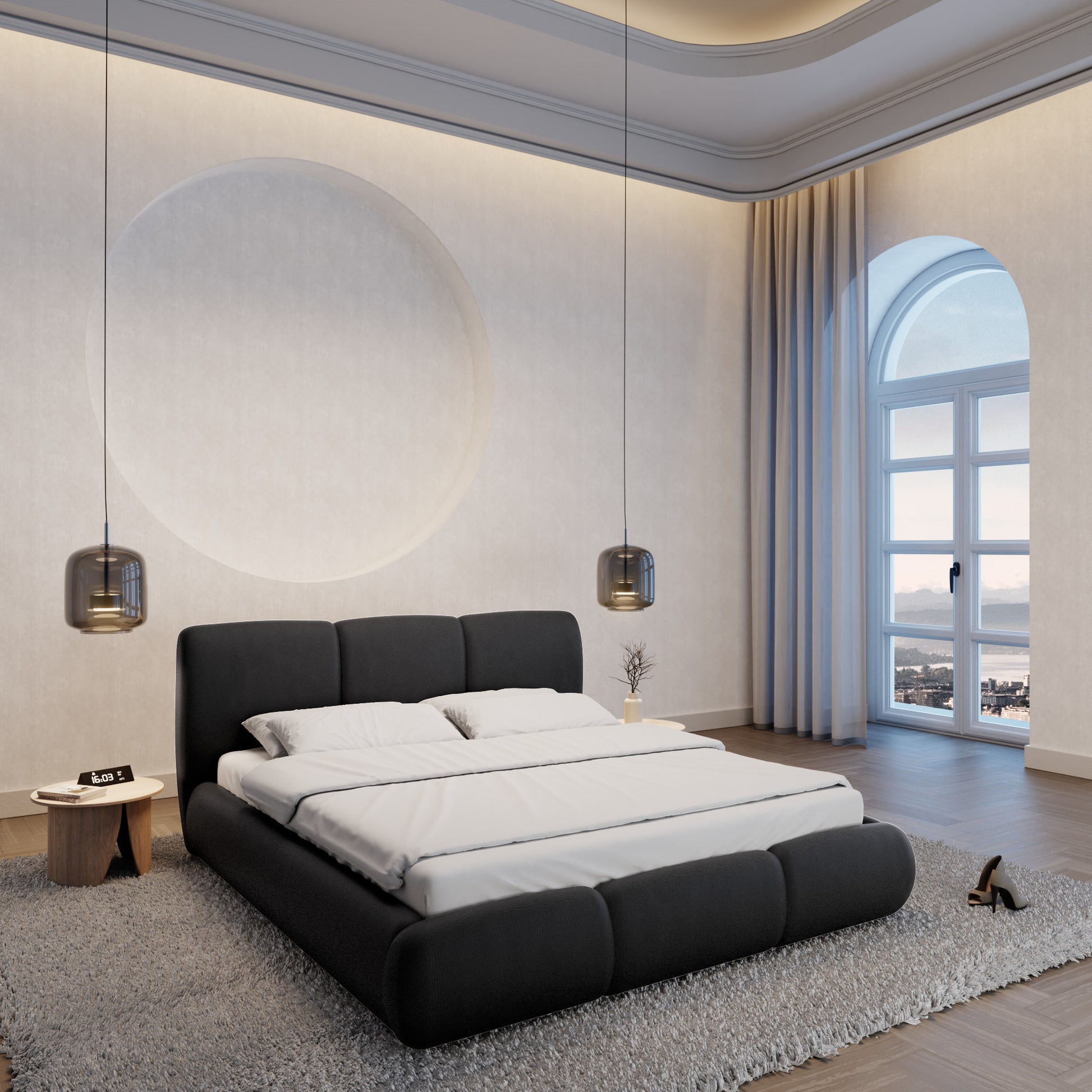 
Design Polsterbett „Elvara“ mit Ablagefach, Kunstleder Schwarz - 140 x 200 cm