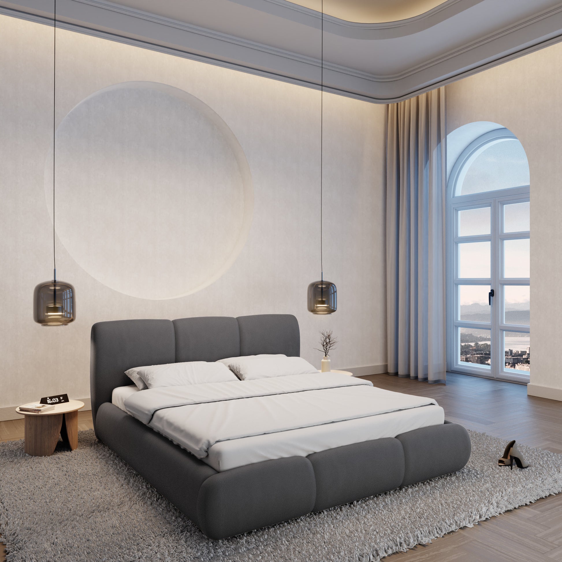 
Design Polsterbett „Elvara“ mit Ablagefach, Kunstleder Grau - 140 x 200 cm