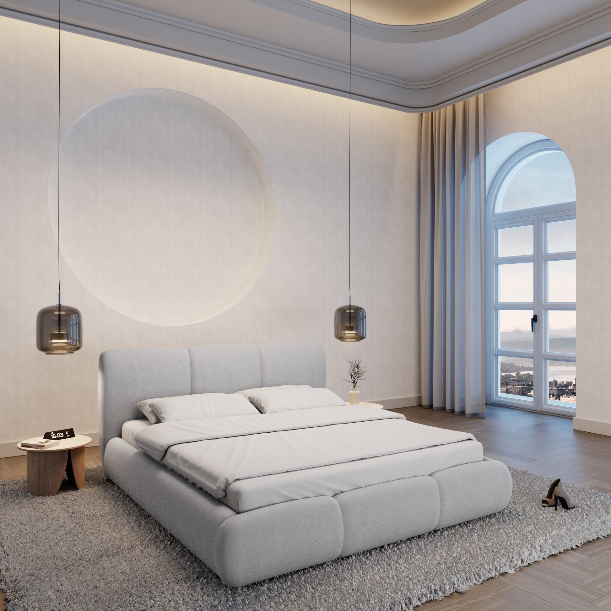 
Design Polsterbett „Elvara“ mit Ablagefach, Kunstleder Hellgrau - 140 x 200 cm