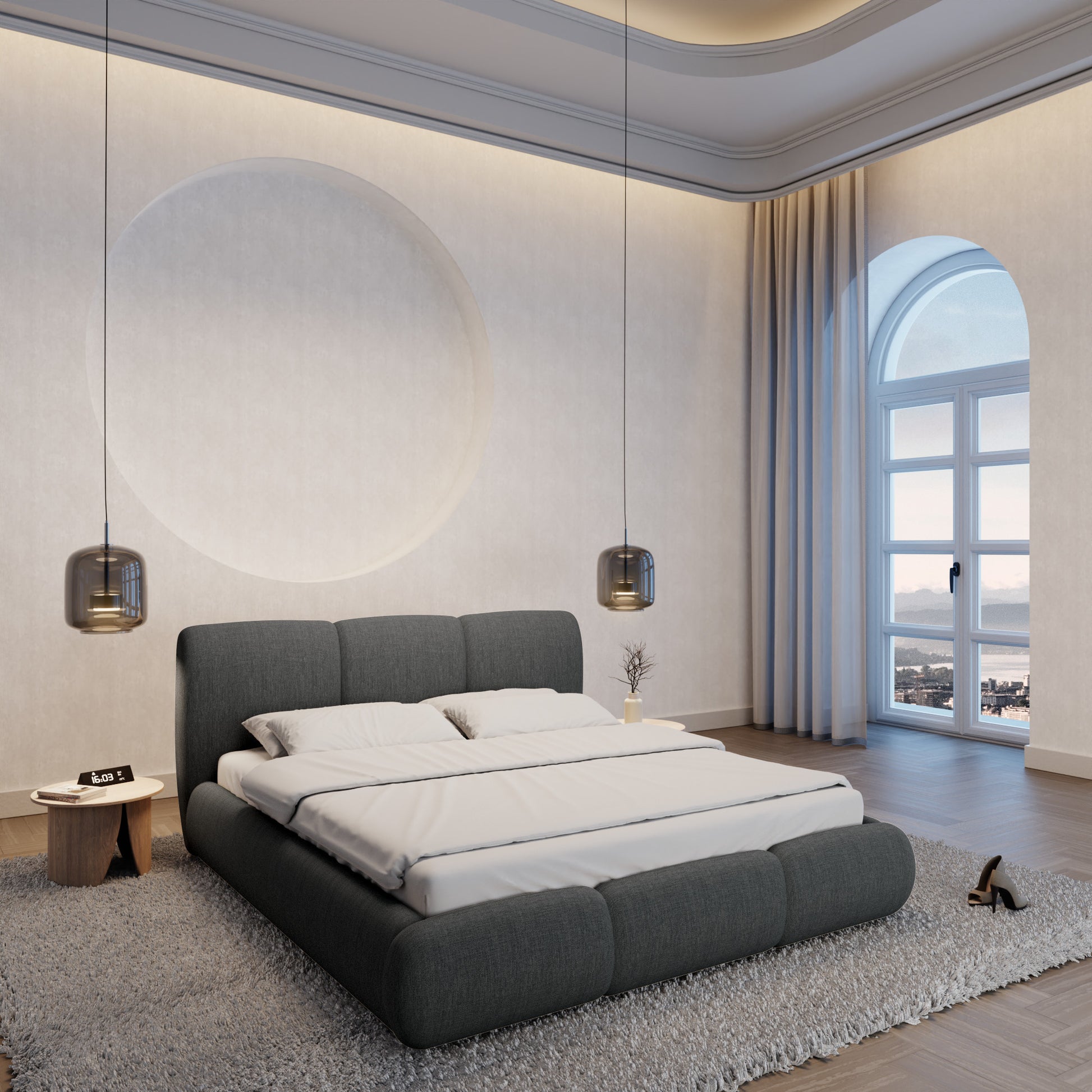 
Design Polsterbett „Elvara“ mit Ablagefach, Webstoff Anthrazit - 140 x 200 cm