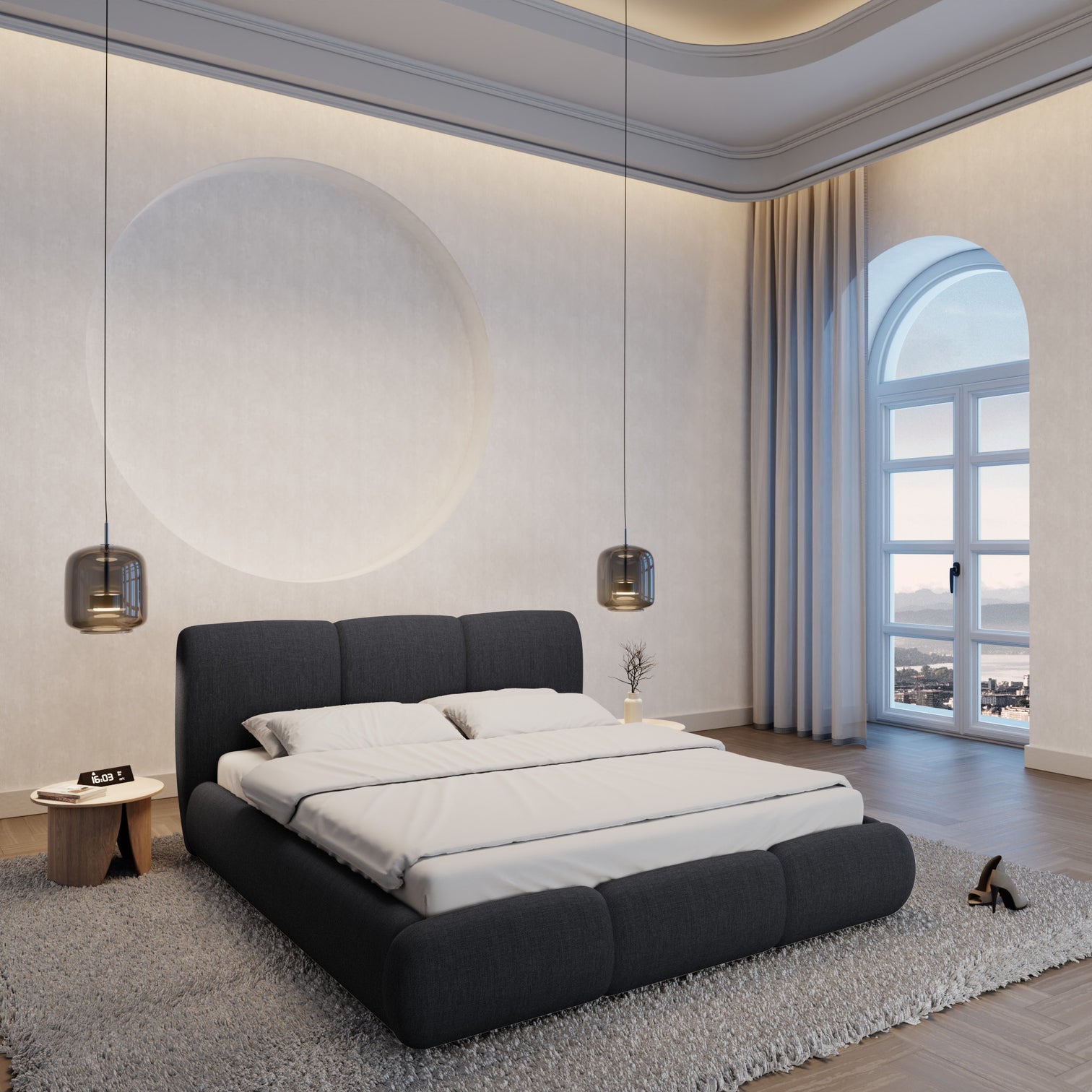 
Lit rembourré design « Elvara » avec compartiment de rangement, tissu tissé noir - 140 x 200 cm