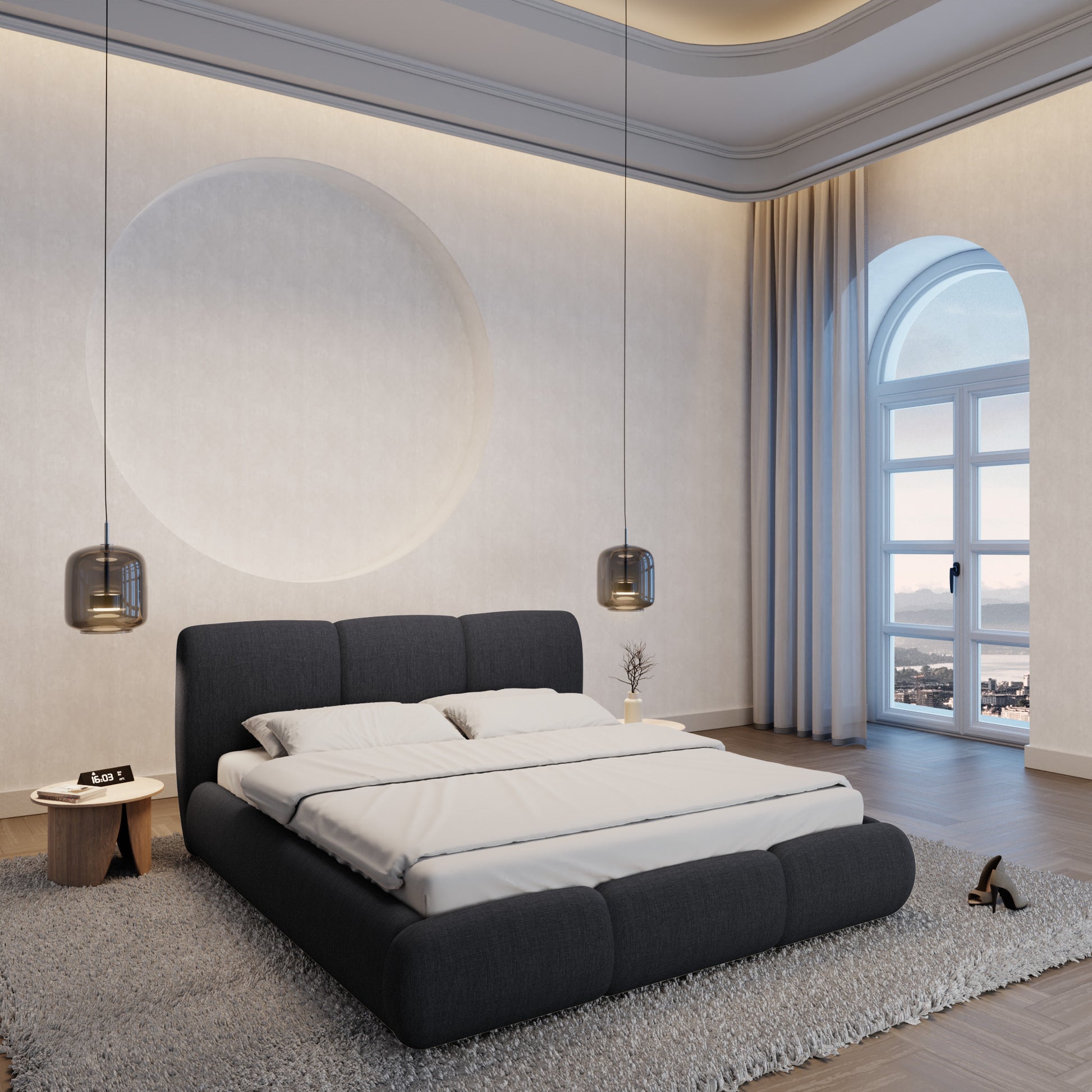 
Design Polsterbett „Elvara“ mit Ablagefach, Webstoff Schwarz - 140 x 200 cm