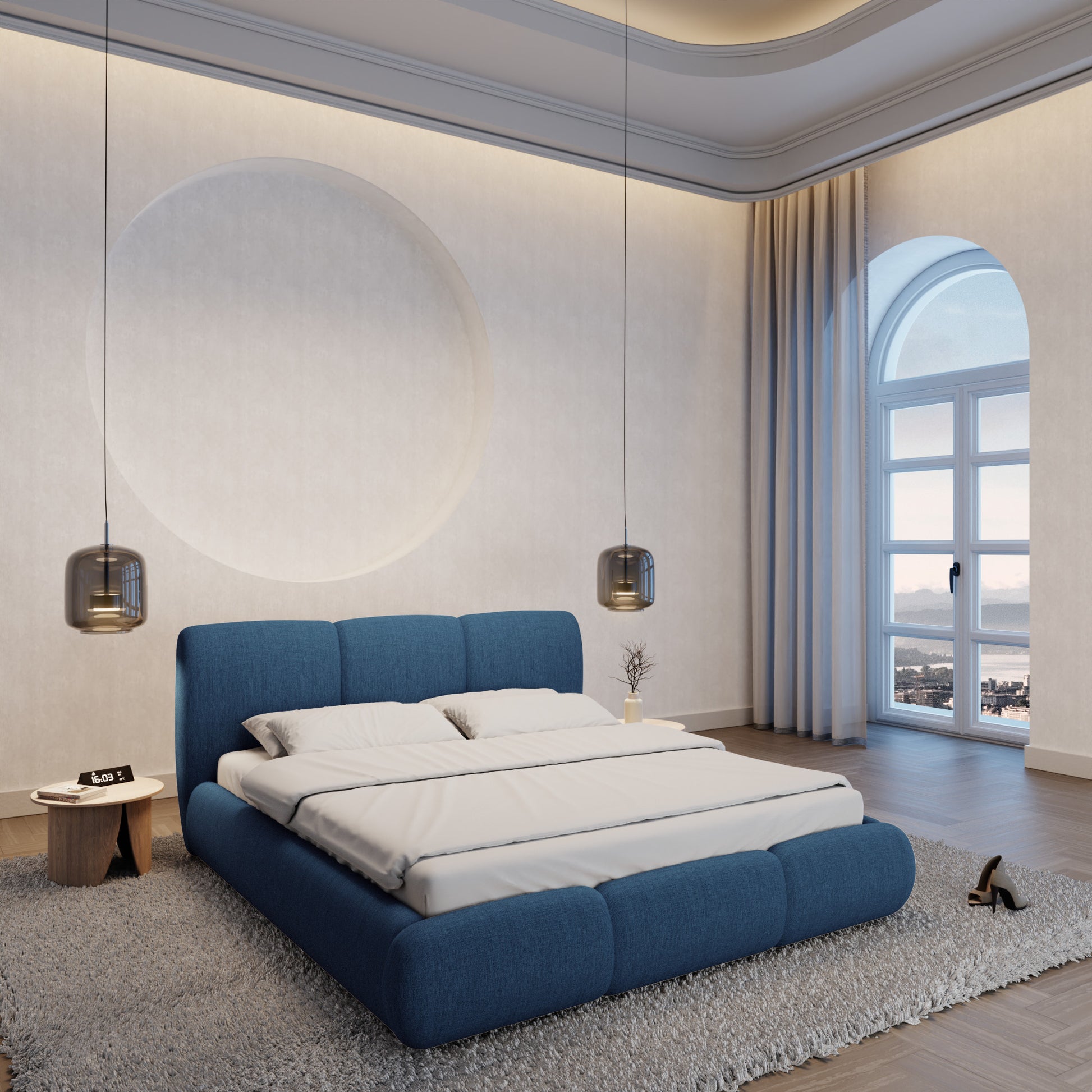 
Design Polsterbett „Elvara“ mit Ablagefach, Webstoff Dunkelblau - 140 x 200 cm