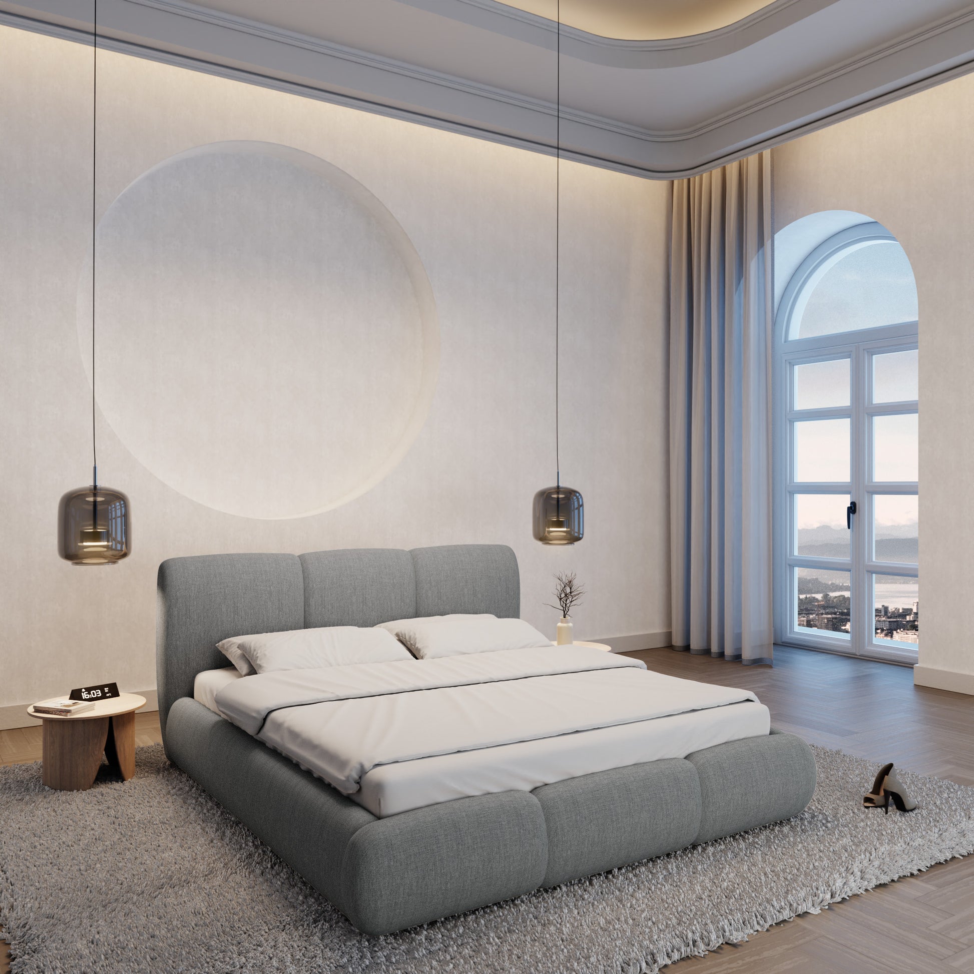 
Design Polsterbett „Elvara“ mit Ablagefach, Webstoff Grau - 140 x 200 cm