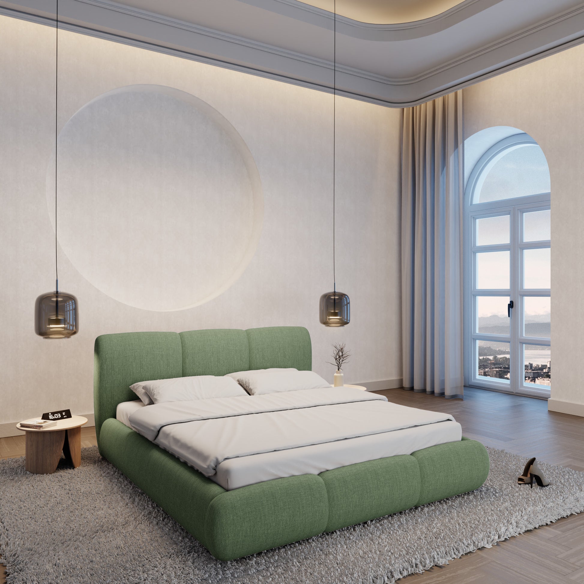 
Design Polsterbett „Elvara“ mit Ablagefach, Webstoff Grün - 140 x 200 cm