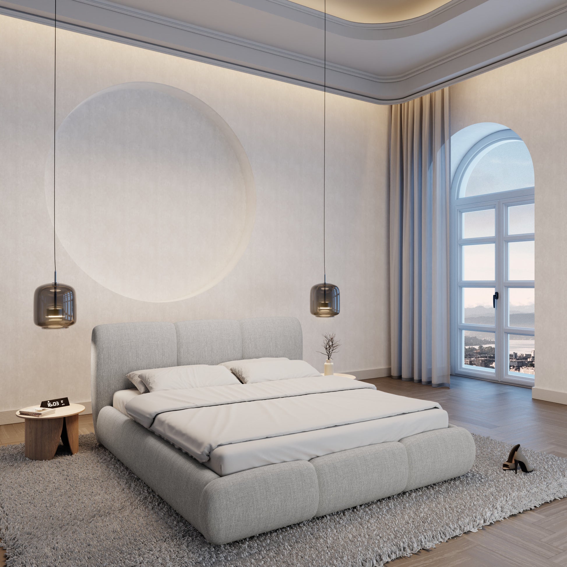 
Design Polsterbett „Elvara“ mit Ablagefach, Webstoff Hellgrau - 140 x 200 cm