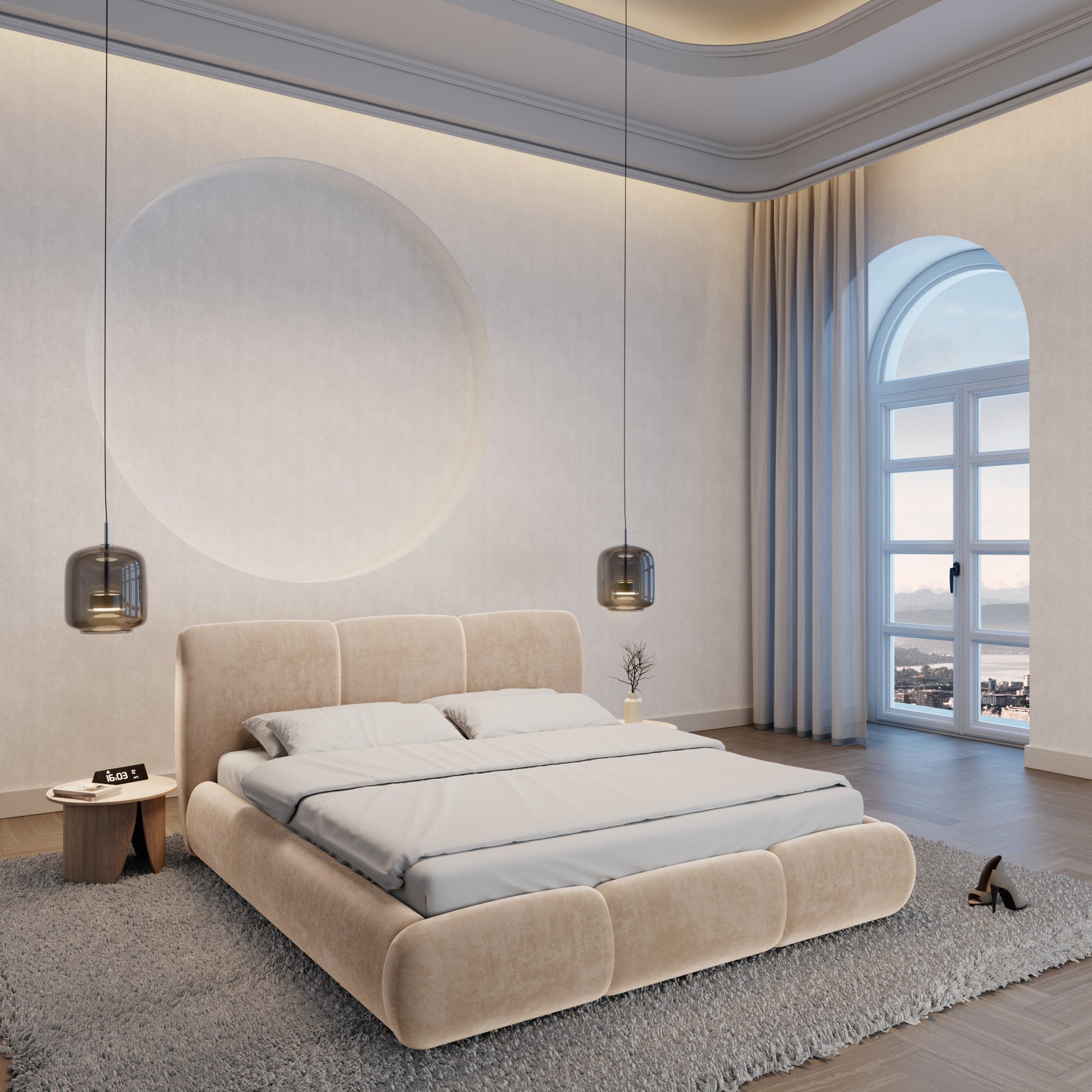 
Design Polsterbett „Elvara“ mit Ablagefach, Samt Beige - 140 x 200 cm
