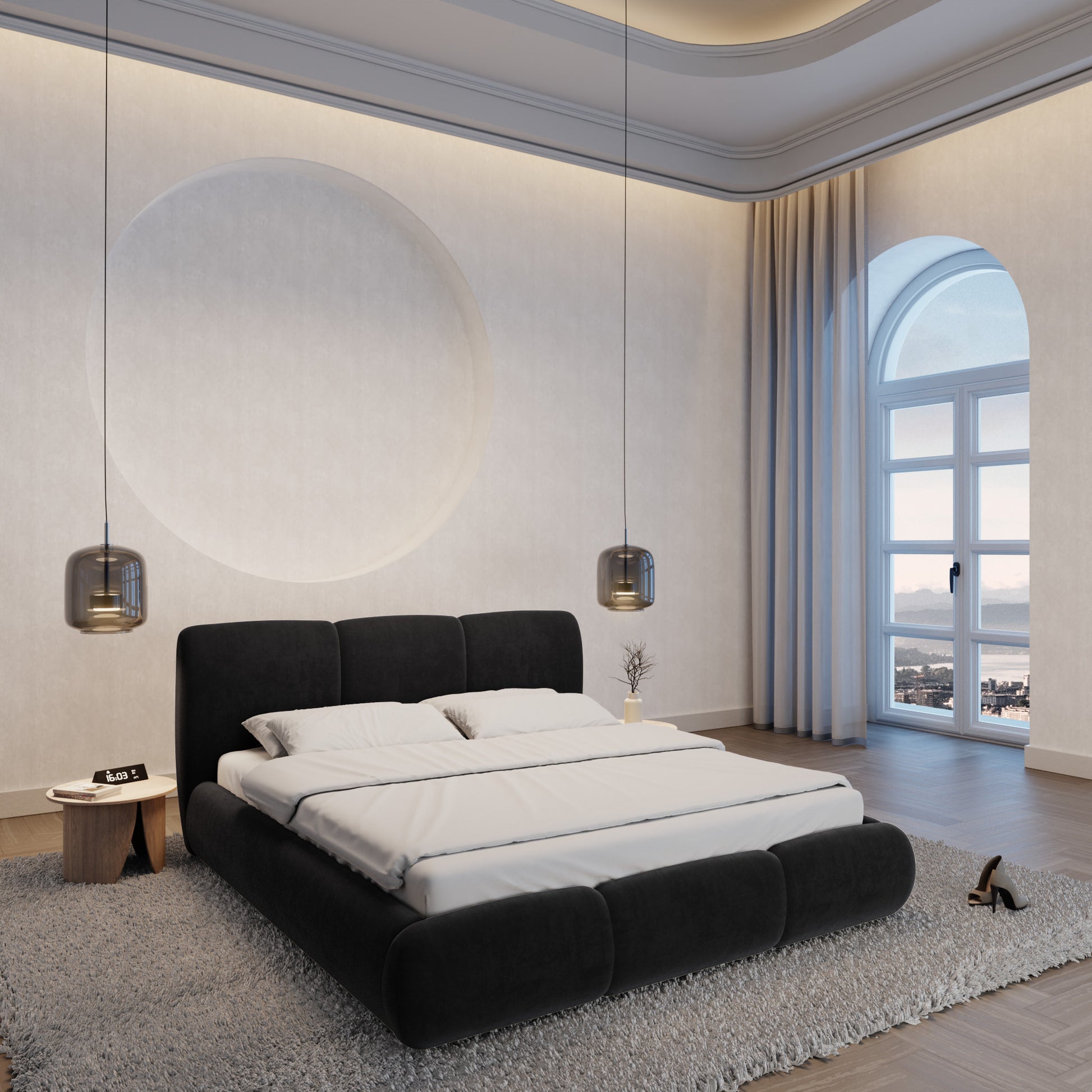 
Design Polsterbett „Elvara“ mit Ablagefach, Samt Schwarz - 140 x 200 cm