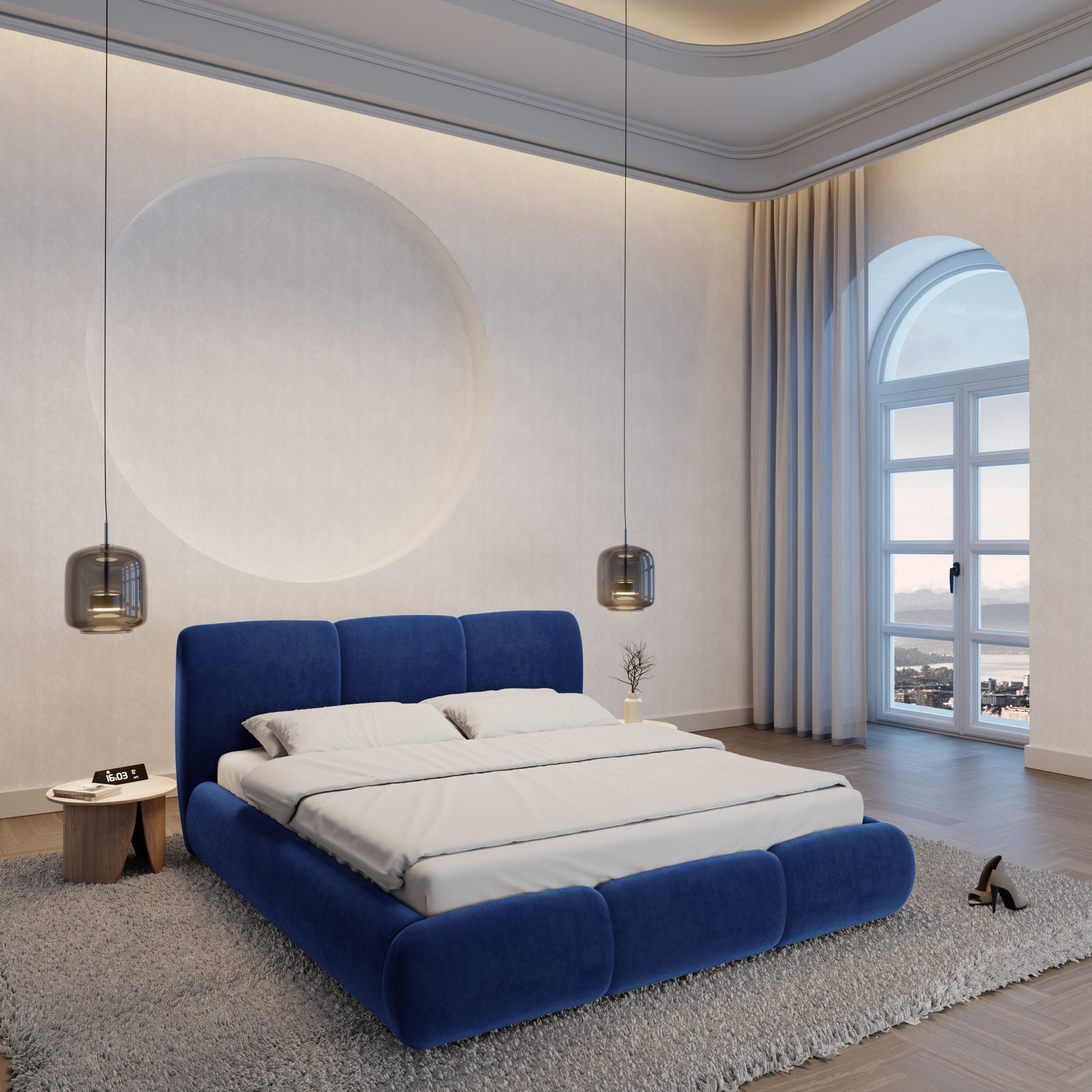 
Design Polsterbett „Elvara“ mit Ablagefach, Samt Blau - 140 x 200 cm