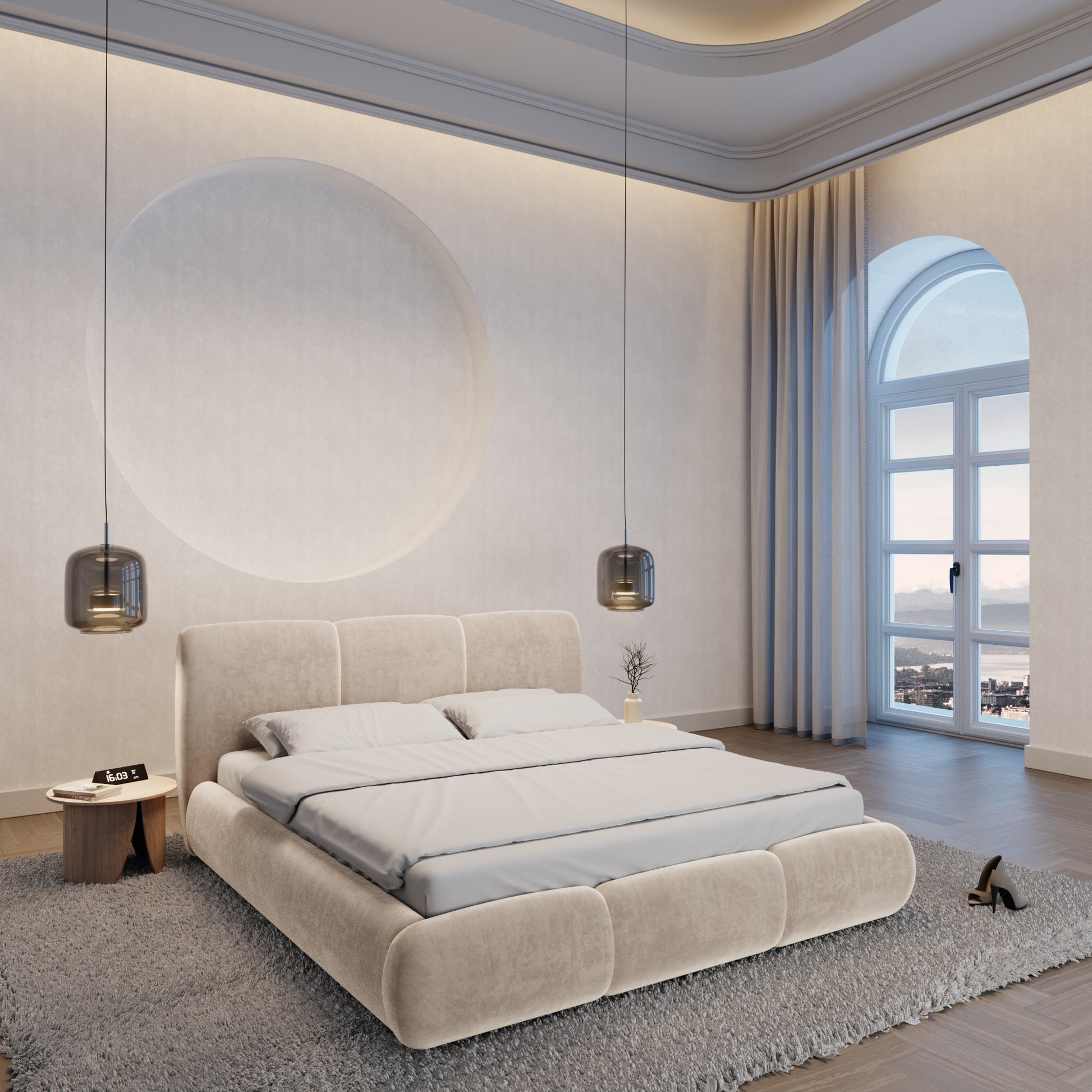 
Design Polsterbett „Elvara“ mit Ablagefach, Samt Cream - 140 x 200 cm