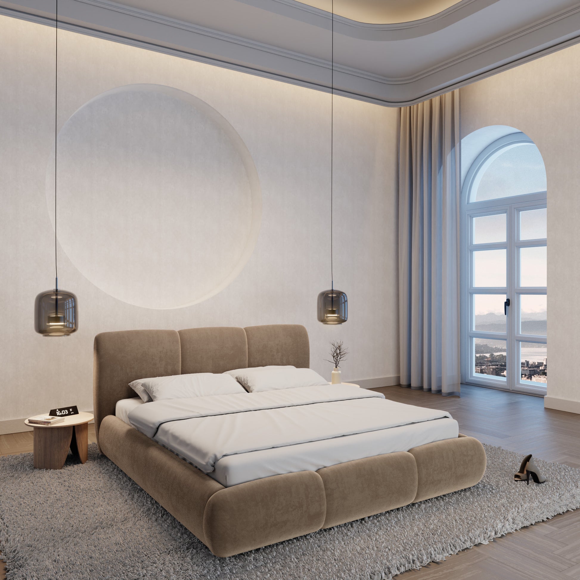 
Design Polsterbett „Elvara“ mit Ablagefach, Samt Beige dunkel - 140 x 200 cm