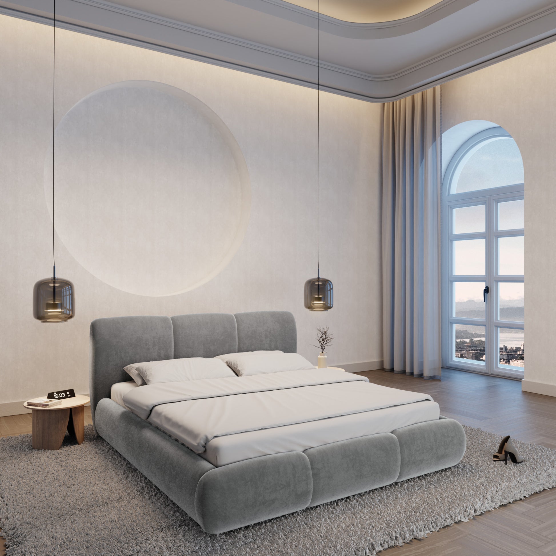 
Design Polsterbett „Elvara“ mit Ablagefach, Samt Grau - 140 x 200 cm