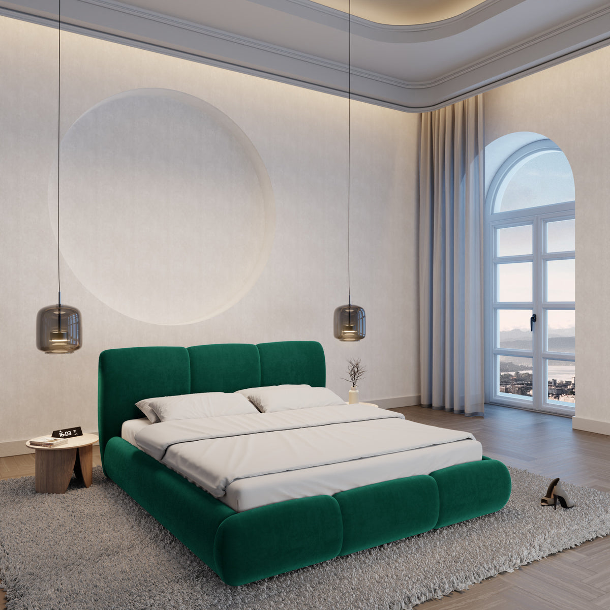
Lit rembourré design « Elvara » avec compartiment de rangement, velours vert - 140 x 200 cm