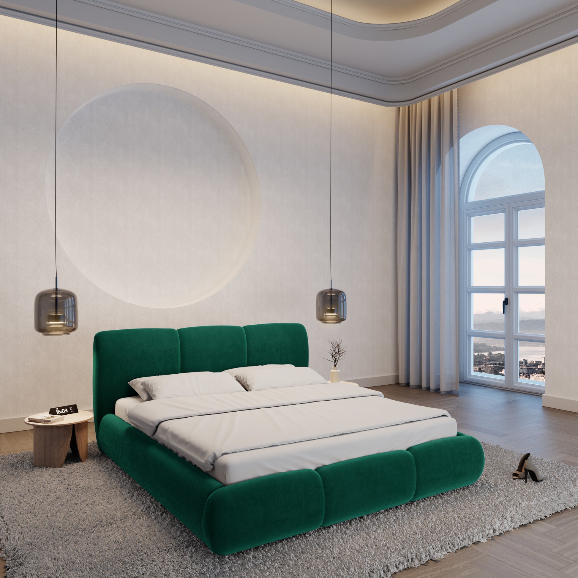 
Design Polsterbett „Elvara“ mit Ablagefach, Samt Grün - 140 x 200 cm