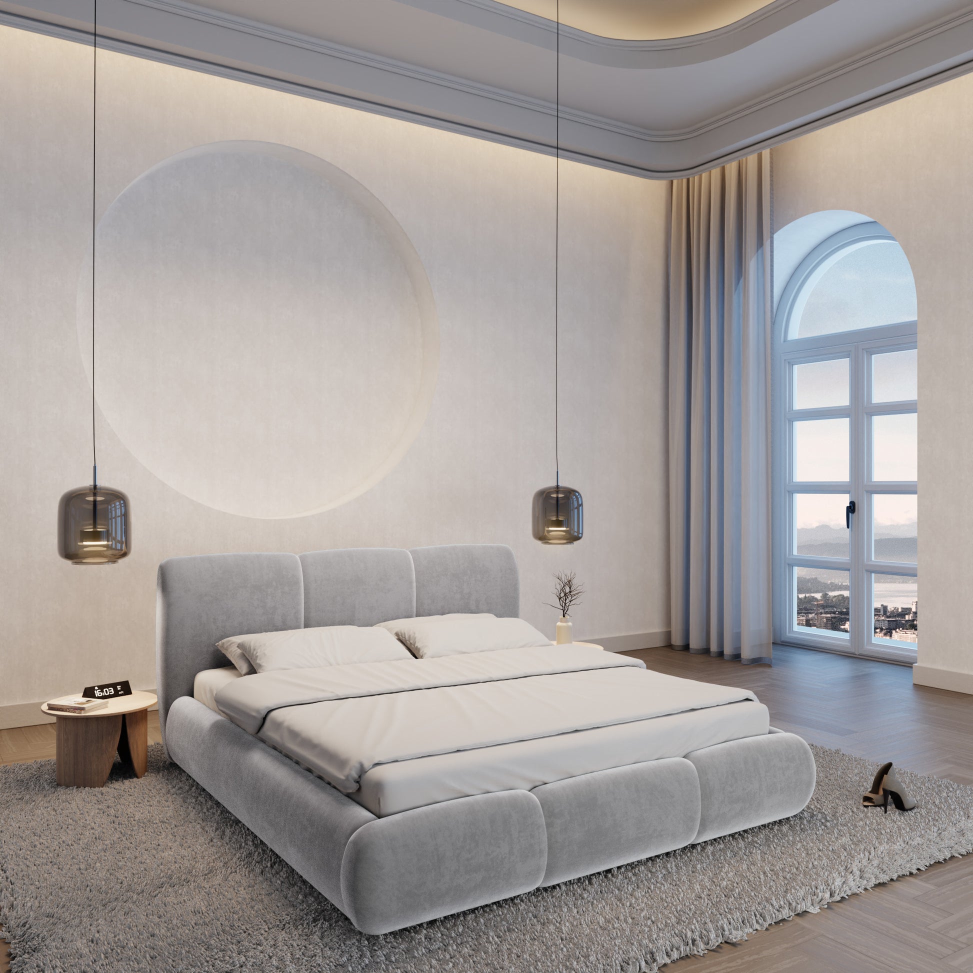 
Design Polsterbett „Elvara“ mit Ablagefach, Samt Hellgrau - 140 x 200 cm