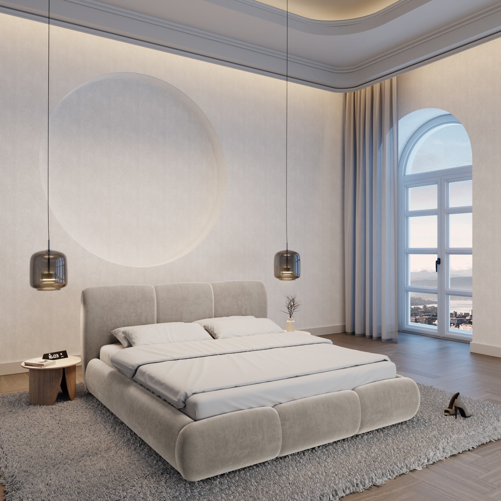
Design Polsterbett „Elvara“ mit Ablagefach, Samt Sand - 140 x 200 cm