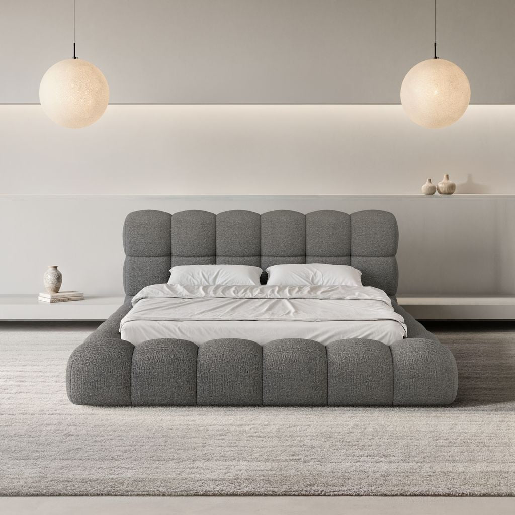 
Design Polsterbett „Savio“ mit Ablagefach, Bouclé Graphit - 140 x 200 cm