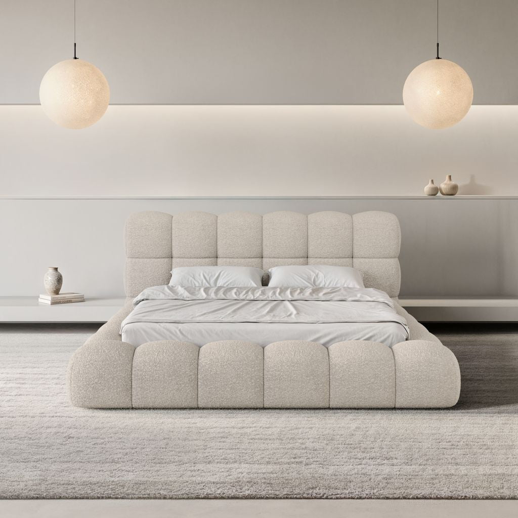 
Design Polsterbett „Savio“ mit Ablagefach, Bouclé Toffee - 140 x 200 cm