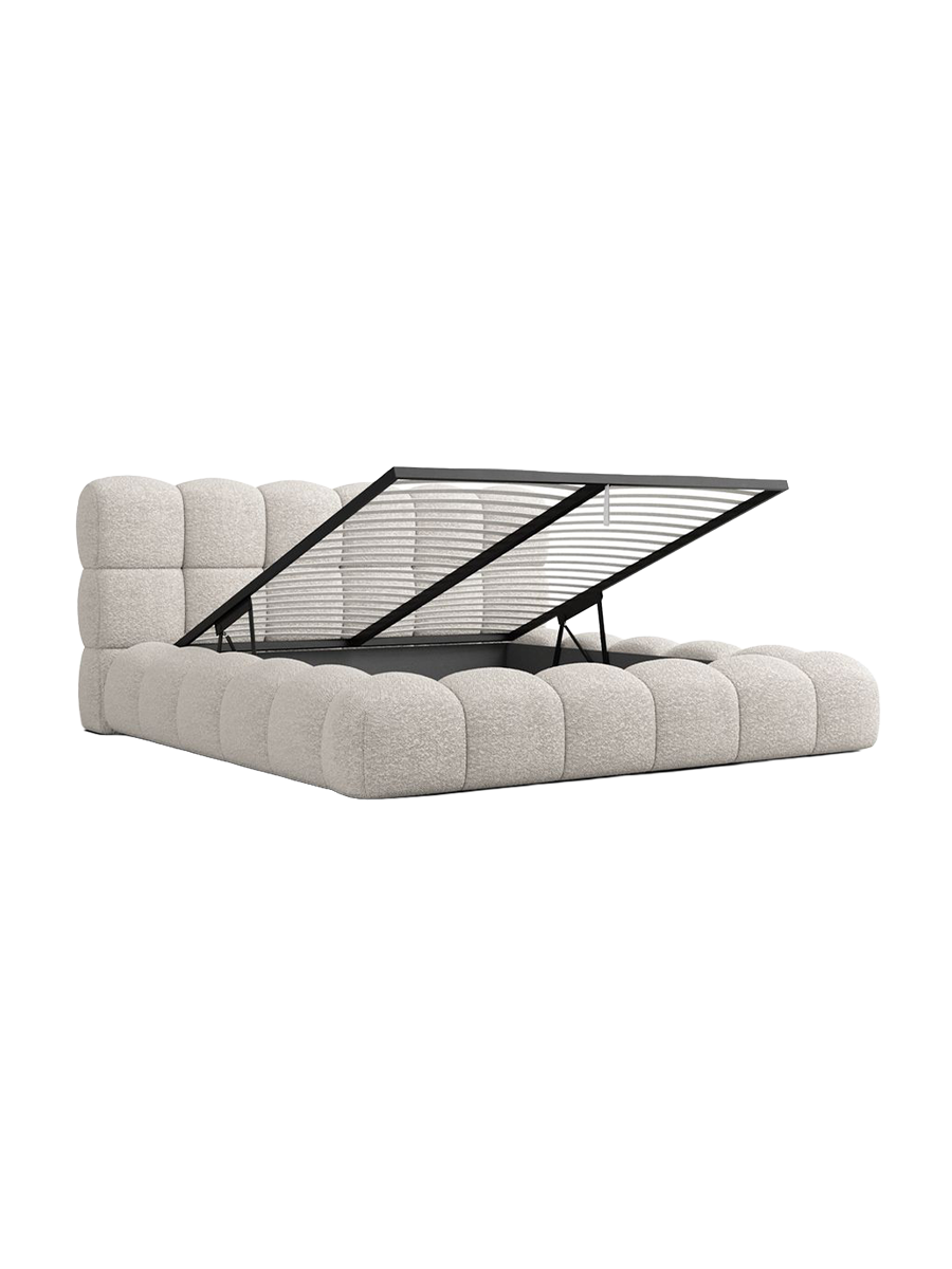 
Design Polsterbett „Savio“ mit Ablagefach, Bouclé Toffee - 140 x 200 cm