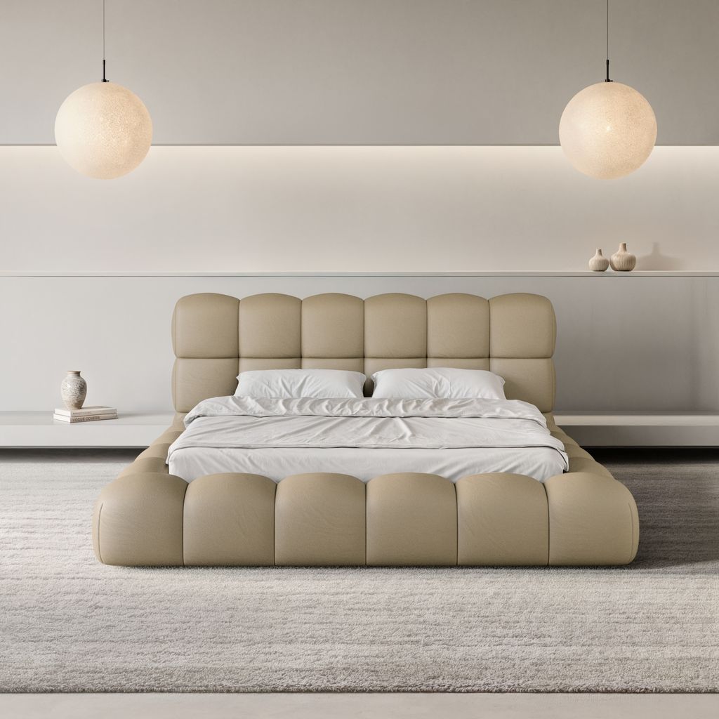 
Design Polsterbett „Savio“ mit Ablagefach, Kunstleder Beige dunkel - 140 x 200 cm
