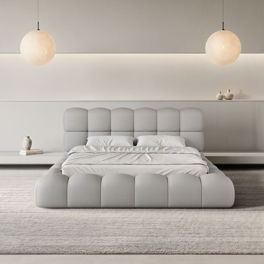 
Design Polsterbett „Savio“ mit Ablagefach, Kunstleder Hellgrau - 140 x 200 cm