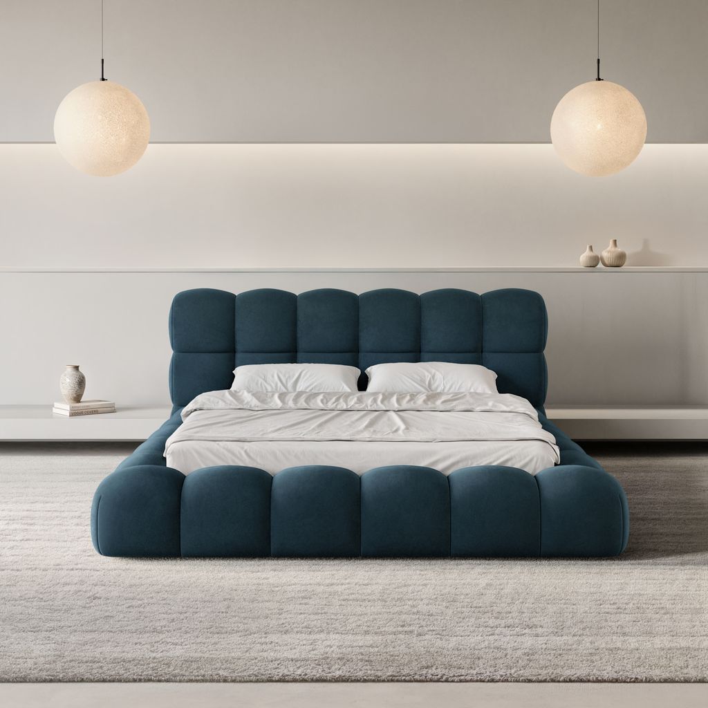 
Design Polsterbett „Savio“ mit Ablagefach, Webstoff Dunkelblau - 140 x 200 cm