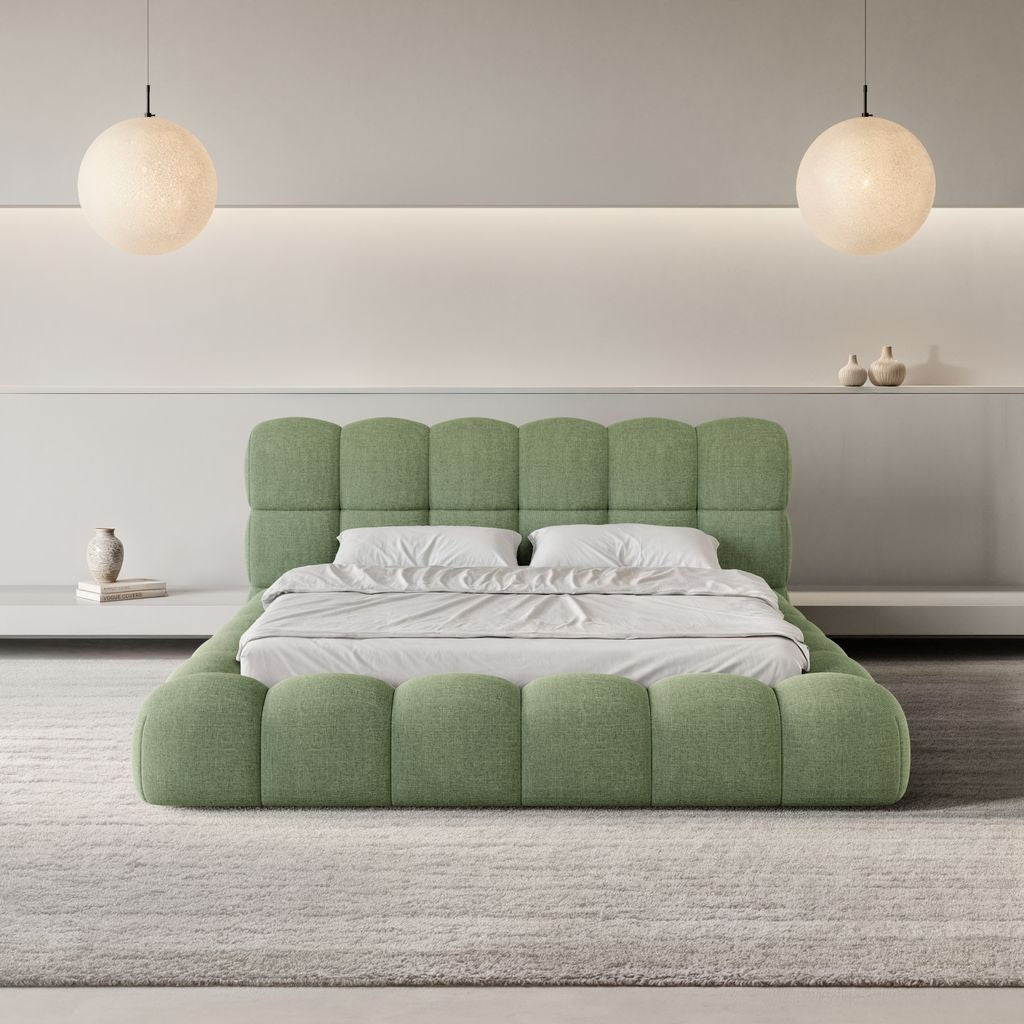 
Design Polsterbett „Savio“ mit Ablagefach, Webstoff Grün - 140 x 200 cm