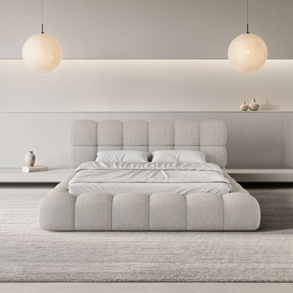 
Design Polsterbett „Savio“ mit Ablagefach, Webstoff Hellgrau - 140 x 200 cm