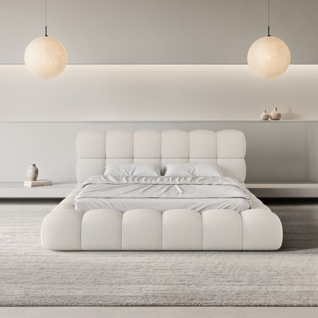 
Design Polsterbett „Savio“ mit Ablagefach, Webstoff Weiss - 140 x 200 cm