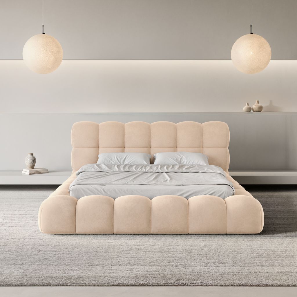 
Design Polsterbett „Savio“ mit Ablagefach, Samt Beige - 140 x 200 cm