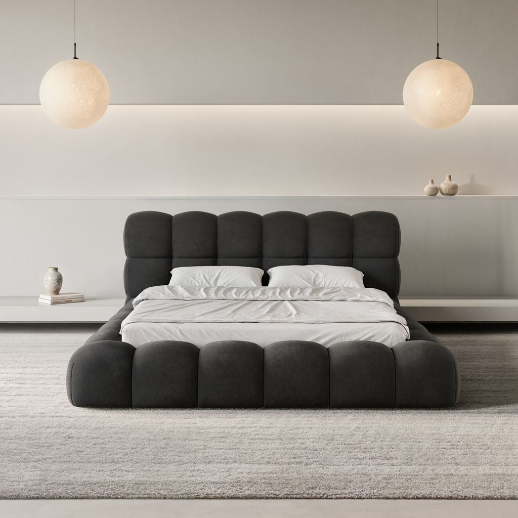 
Design Polsterbett „Savio“ mit Ablagefach, Samt Schwarz - 140 x 200 cm