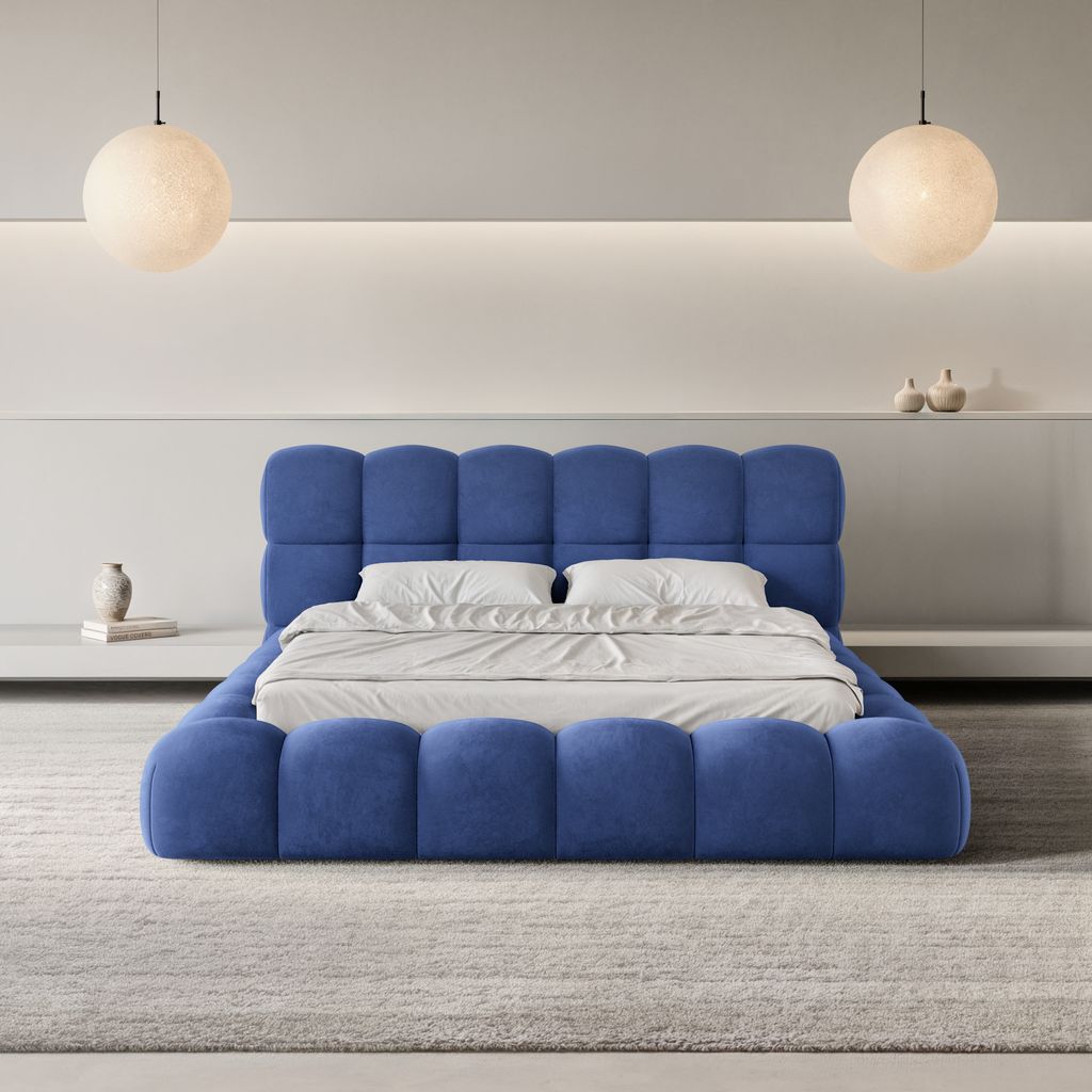 
Design Polsterbett „Savio“ mit Ablagefach, Samt Blau - 140 x 200 cm