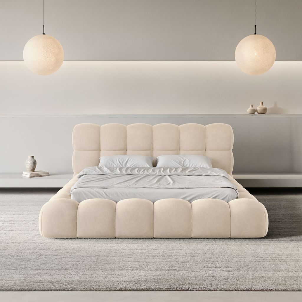 
Design Polsterbett „Savio“ mit Ablagefach, Samt Cream - 140 x 200 cm