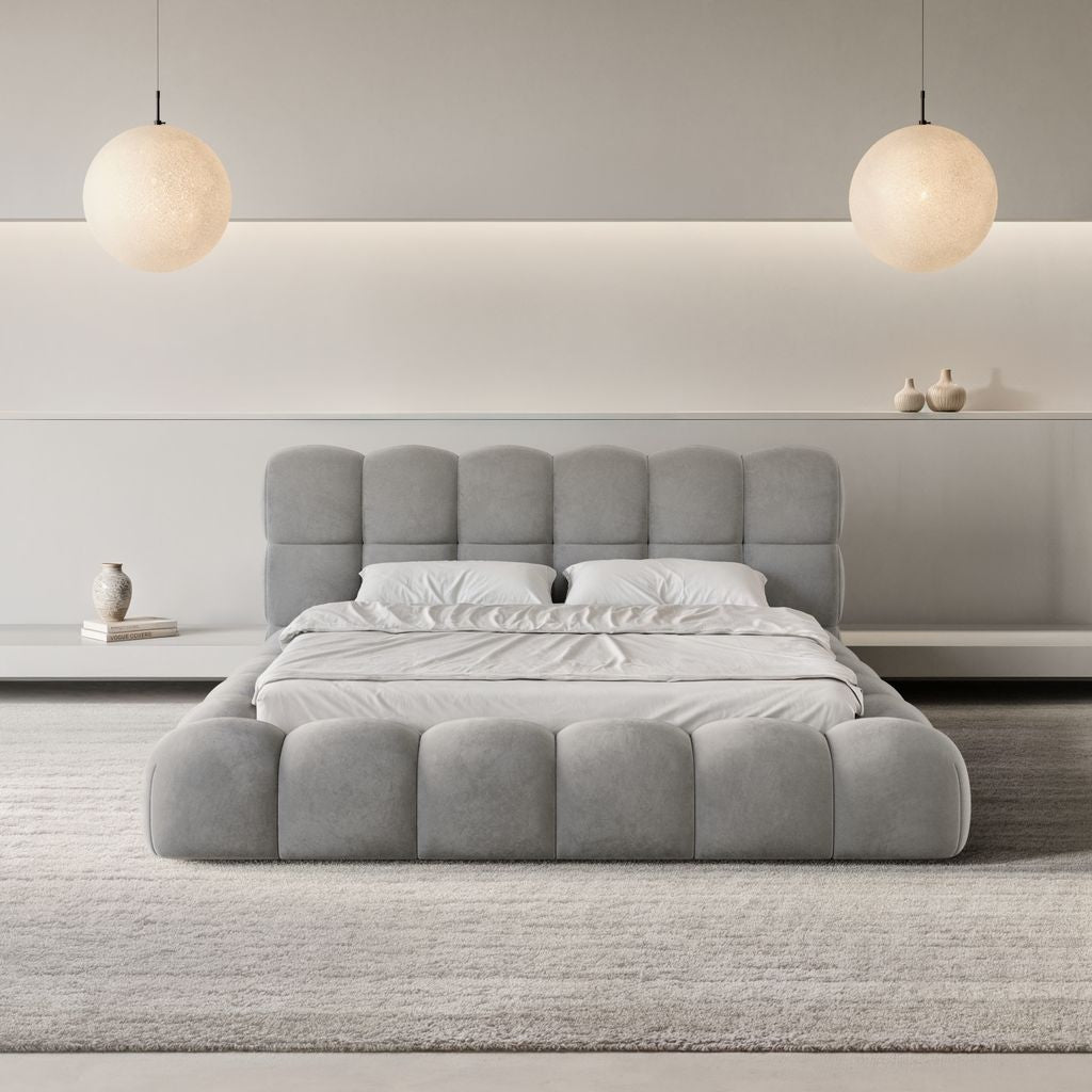 
Design Polsterbett „Savio“ mit Ablagefach, Samt Grau - 140 x 200 cm
