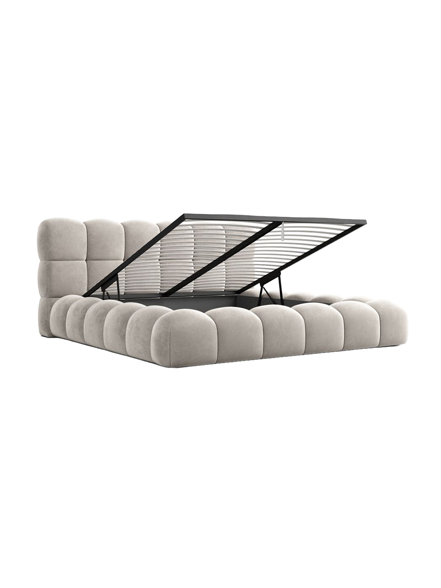 
Design Polsterbett „Savio“ mit Ablagefach, Samt Sand - 140 x 200 cm