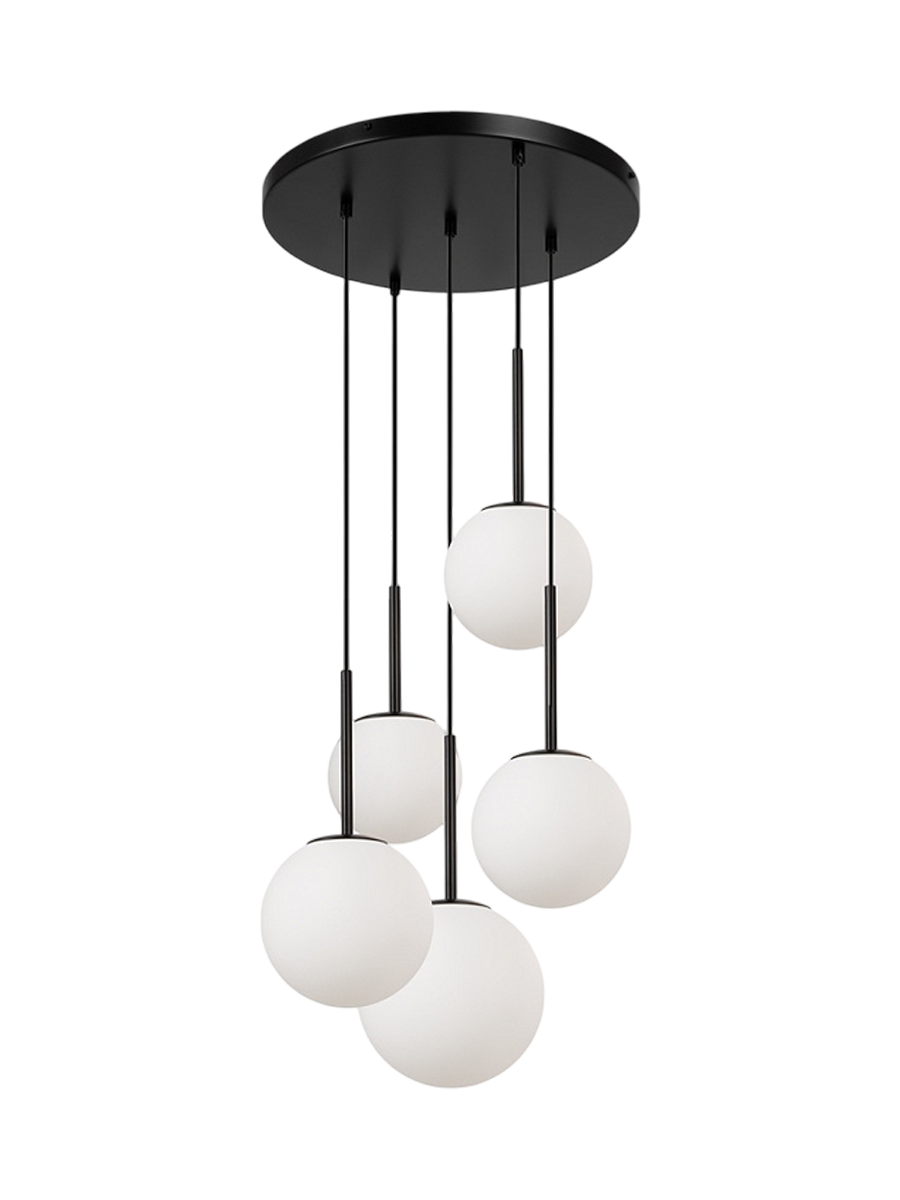 
Lampada a sospensione regolabile in altezza Drop Multi “Basic Form” - Nero/vetro opalino / A 5 fiamme