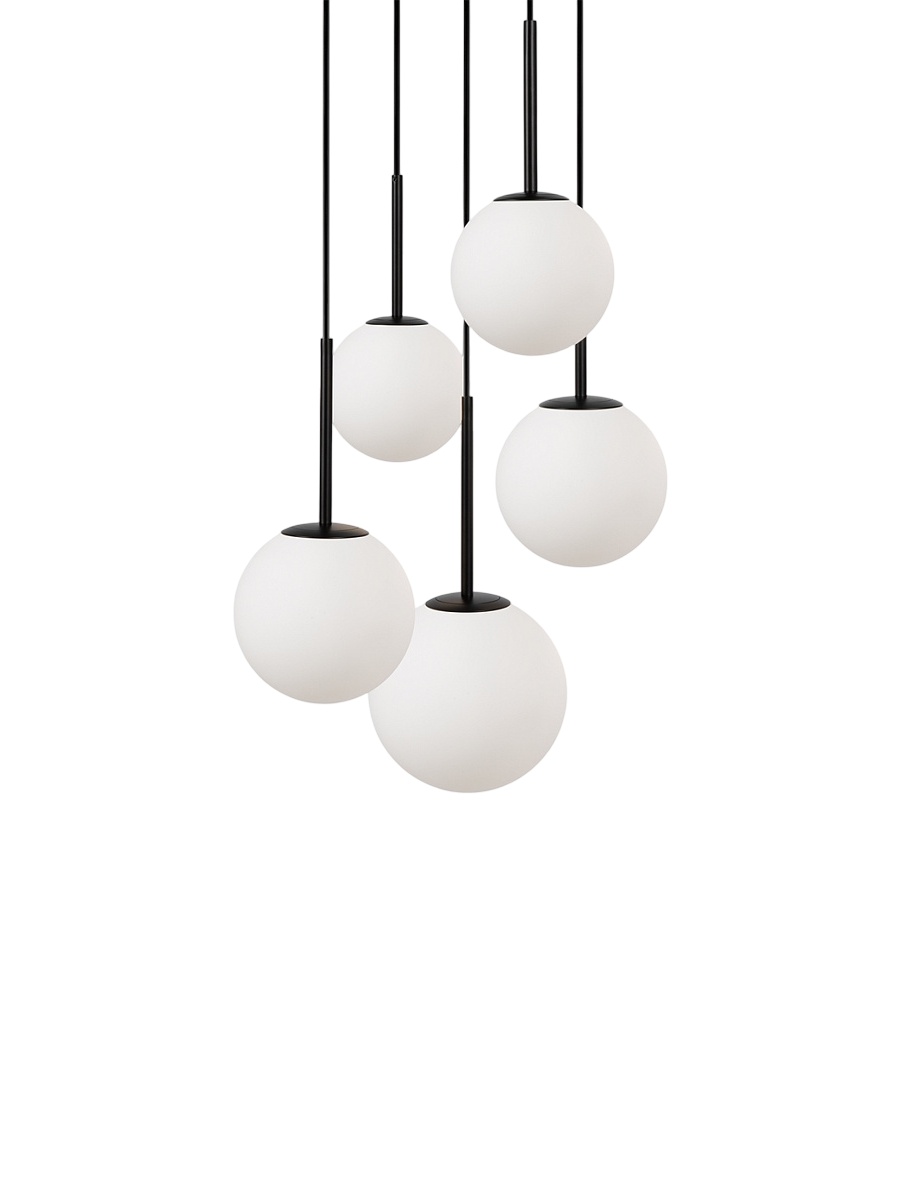 
Lampada a sospensione regolabile in altezza Drop Multi “Basic Form” - Nero/vetro opalino / A 5 fiamme