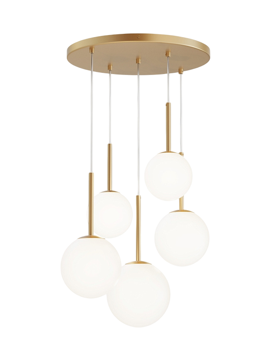 
Lampada a sospensione regolabile in altezza Drop Multi “Basic Form” - Oro/Vetro opalino / A 5 fiamme