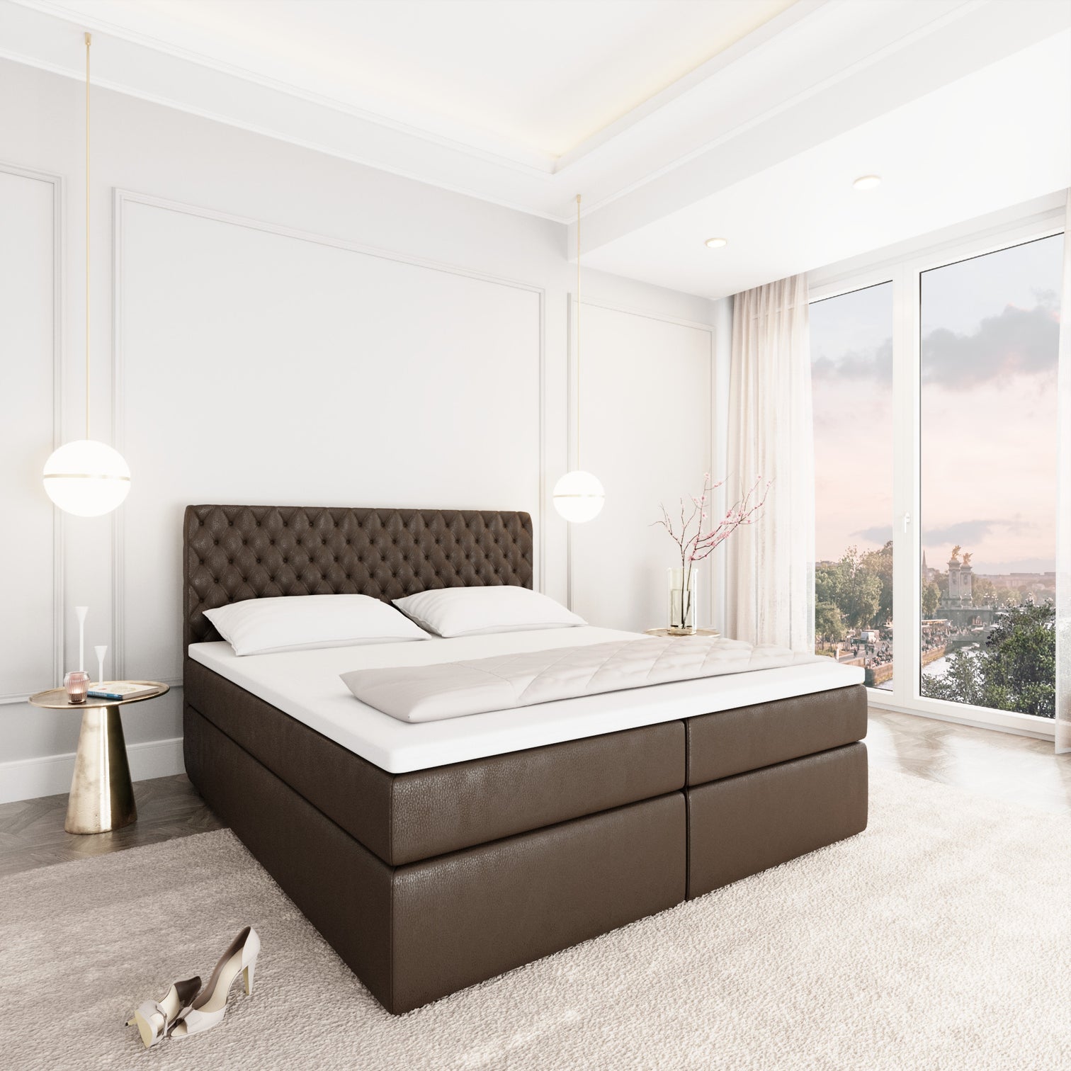 
Design Boxspringbett „Alvara“ mit Ablagefach, Kunstleder Dunkelbraun - 140 x 200 cm