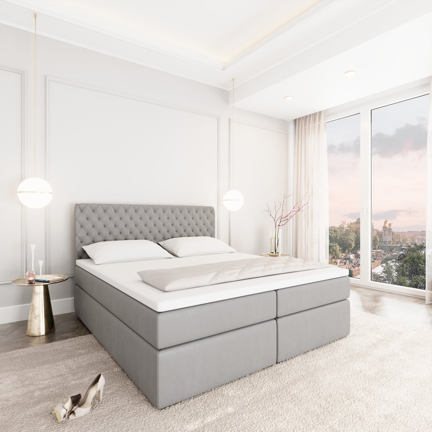 
Design Boxspringbett „Alvara“ mit Ablagefach, Kunstleder Hellgrau - 140 x 200 cm