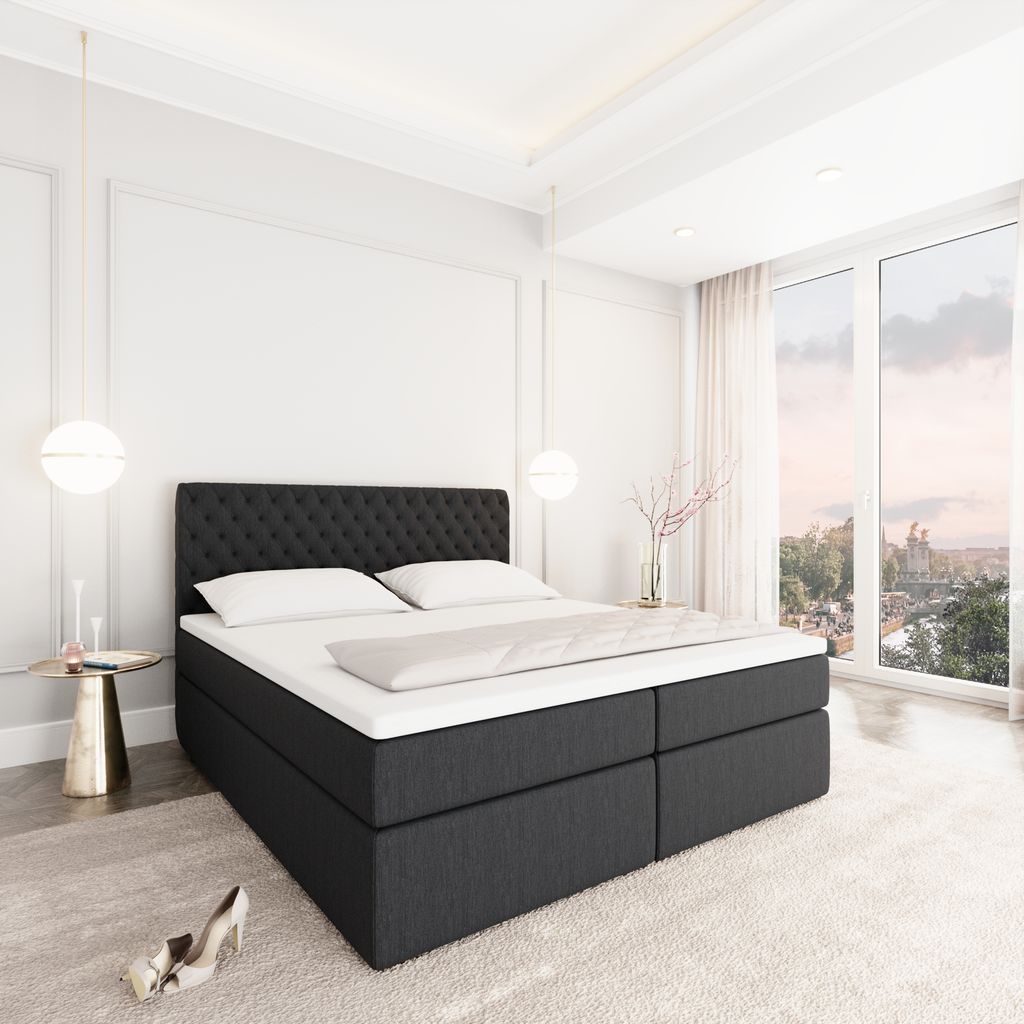 
Designer box spring bed “Alvara” with storage compartment, anthracite woven fabric - 140 x 200 cm
