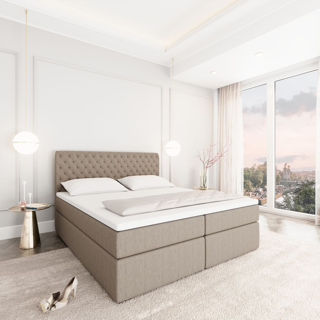 
Designer box spring bed “Alvara” with storage compartment, beige woven fabric - 140 x 200 cm