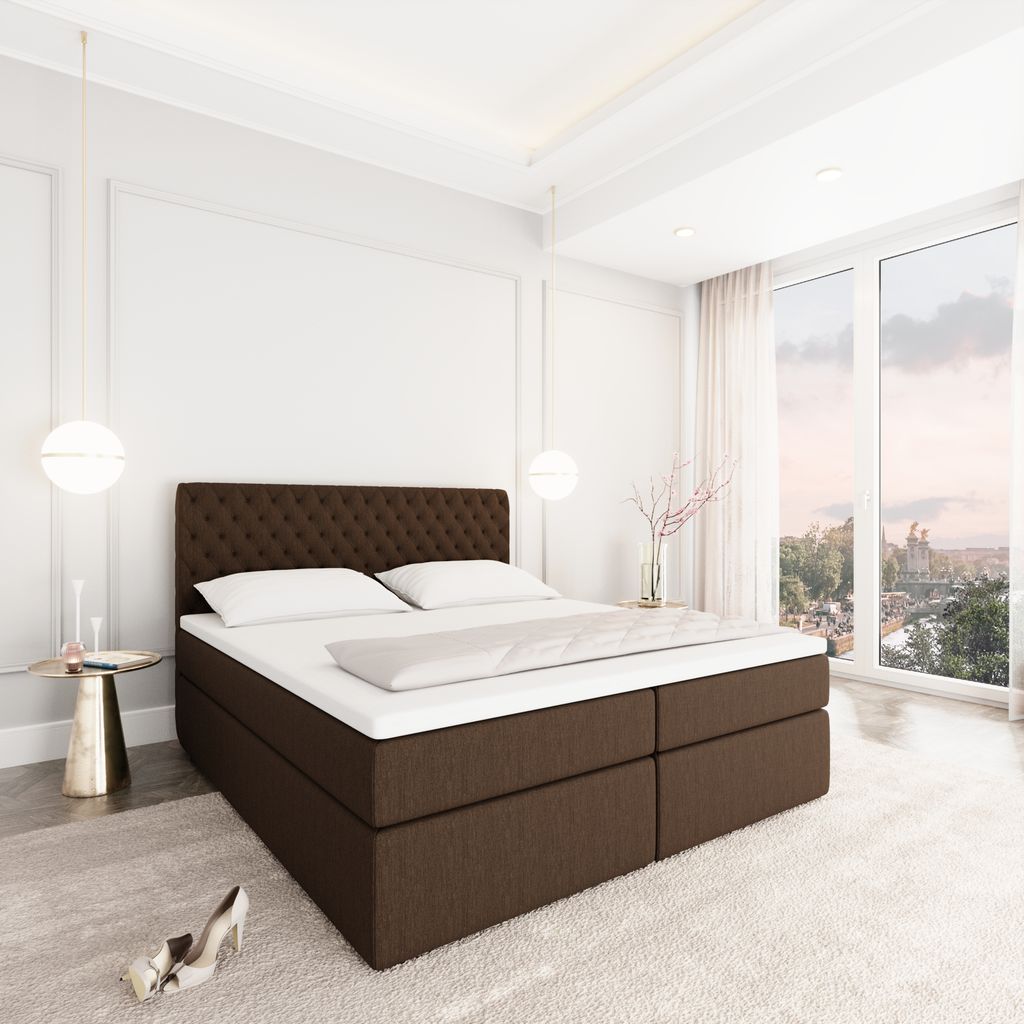 
Design Boxspringbett „Alvara“ mit Ablagefach, Webstoff Braun - 140 x 200 cm