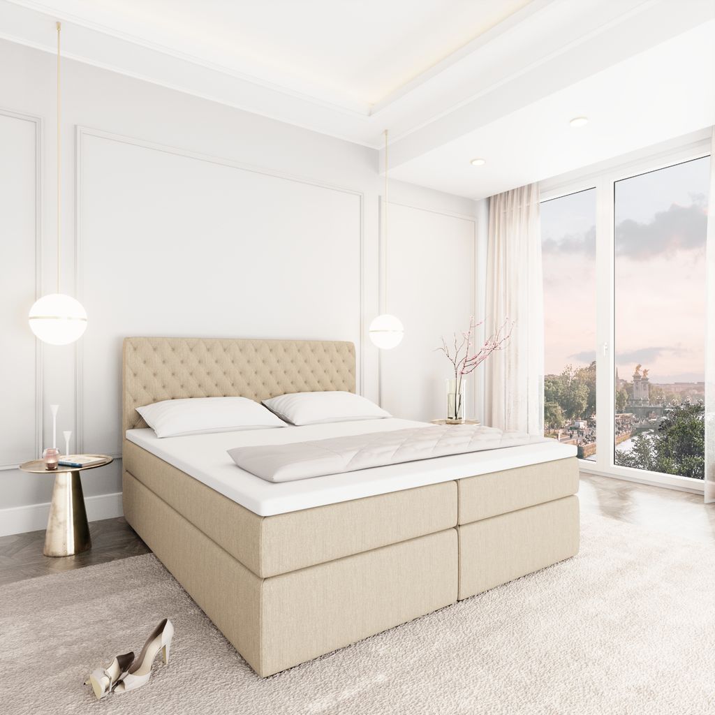 
Designer box spring bed “Alvara” with storage compartment, cream woven fabric - 140 x 200 cm