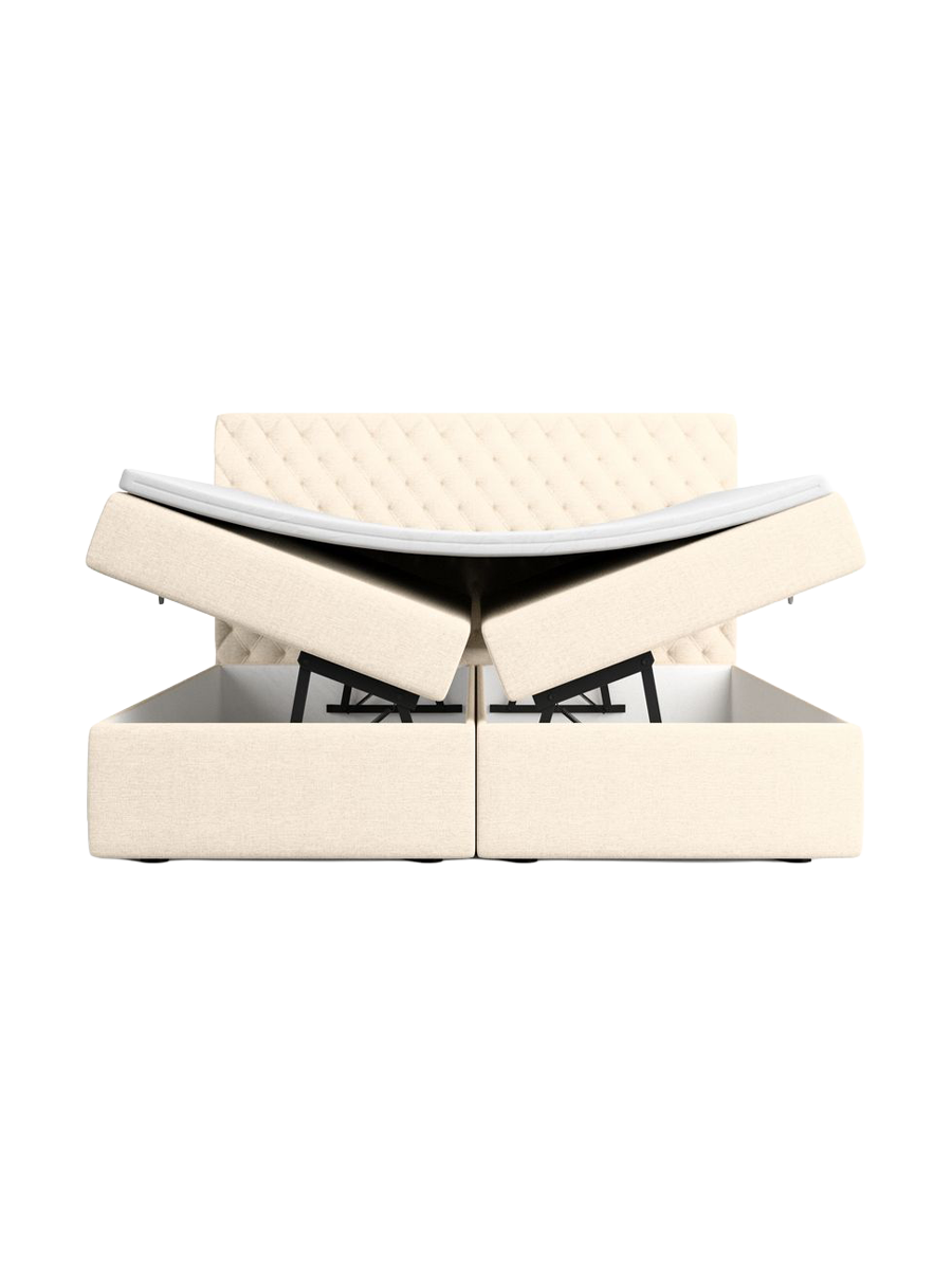 
Designer box spring bed “Alvara” with storage compartment, cream woven fabric - 140 x 200 cm