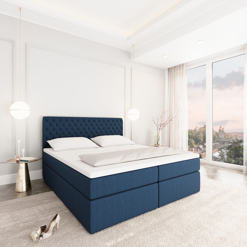 
Designer box spring bed “Alvara” with storage compartment, dark blue woven fabric - 140 x 200 cm