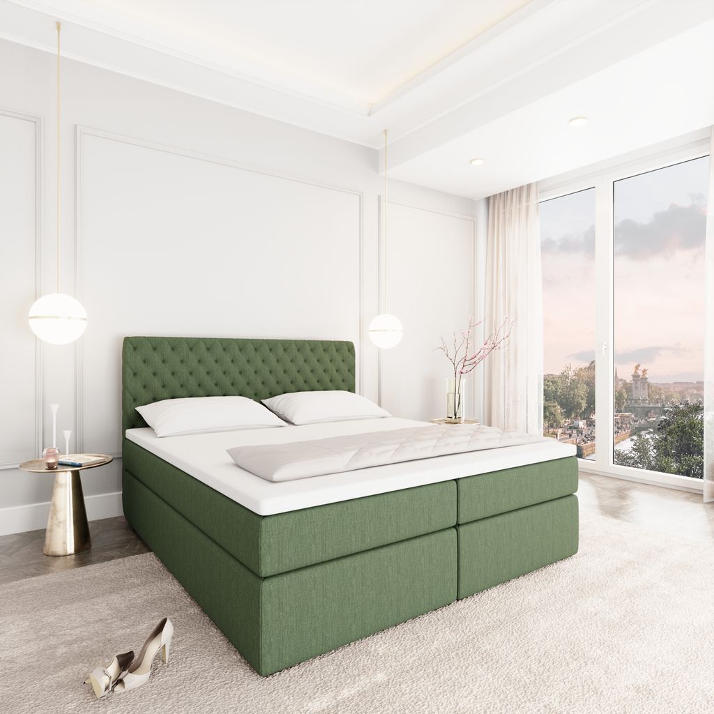 
Designer box spring bed “Alvara” with storage compartment, green woven fabric - 140 x 200 cm