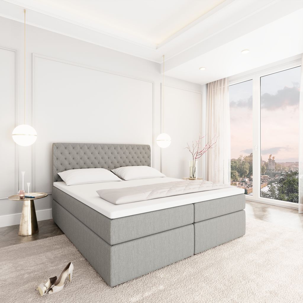 
Designer box spring bed “Alvara” with storage compartment, light gray woven fabric - 140 x 200 cm