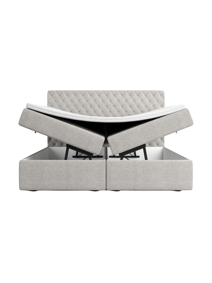 
Designer box spring bed “Alvara” with storage compartment, light gray woven fabric - 140 x 200 cm